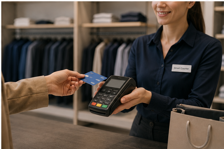 Покупатель платит картой в магазине Smart Counter у продавца