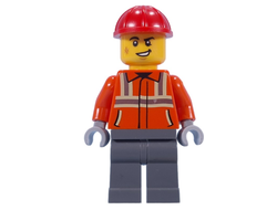 Construction Worker - Male, Reddish Orange Safety Jacket with Reflective Stripes, Dark Bluish Gray Legs, Red Construction Helmet, n/a (cty1817)