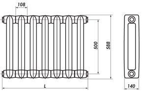 Габаритные размеры чугунного радиатора МС140-500