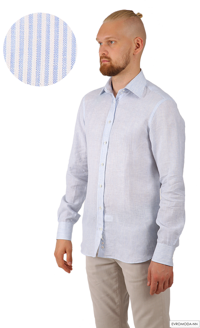 мужская льняная рубашка с длинным рукавом, белая в голубую полоску (Германия), премиум, van laack