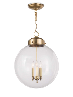 Подвесной светильник в форме шара из прозрачного стекла, внутри три подсвечника латунь.