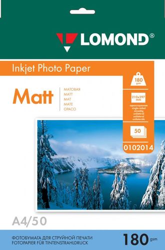 Односторонняя Матовая фотобумага Lomond для струйной печати, A4, 180 г/м2, 50 листов.