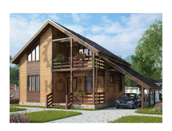 Полутораэтажный дом из бруса 8x8 с террасой и балконом и навесом под авто