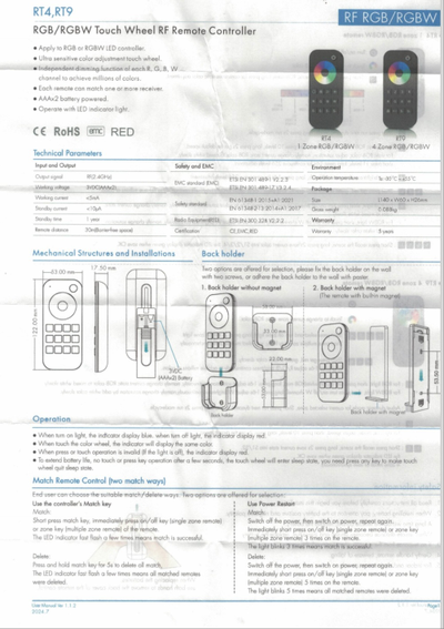 Сенсорный пульт RT9 4L-RGBW/RGB (RF2,4GHz, 4 zone, 3VDC)