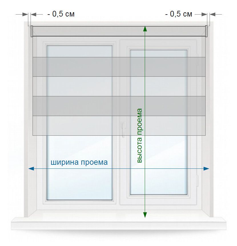 Схема по замеру рулонных штор Зебра (День-Ночь) при установке в проем окна