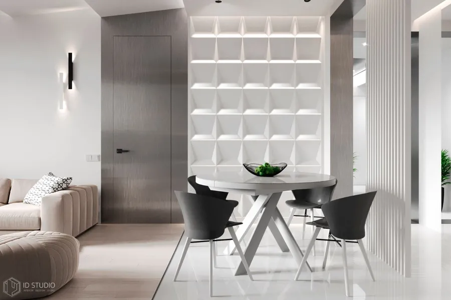 Визуализация гостиной с 3d панелями индивидуального дизайна, проект компании "Interior Decision Studio". Источник: www.id-ag.ru/po2