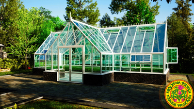 Базовая комплектация теплицы в английском стиле с холлом из стекала и алюминия ИМПЕРИАЛ размером 4000 х 10000 мм