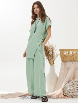 Модель : 3777.Женский льняной комплект мятного цвета.