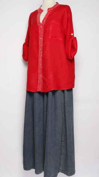 РУБАШКА ЛЁН "КРУЖЕВО НА СПИНЕ"  красная, оранжевая р.46-52