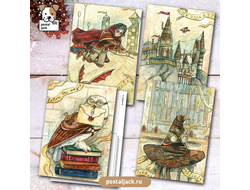 Почтовая открытка для посткроссинга: Набор 4 шт. Хогвартс. Стимпанк