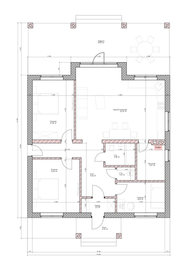 Одноэтажный дом с тремя спальнями 99.78 м² + терраса 39.93 м²(S7)