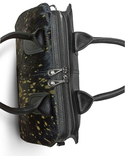 (АРТИКУЛ: 9748) СУМКА ЖЕНСКАЯ СРЕДНЕГО РАЗМЕРА, НАТУРАЛЬНАЯ КОЖА, КОМБИНИРОВАННАЯ, ЧЕРНАЯ/ ЧЕРНЫЙ МЕХ С ЗОЛОТИСТЫМ РИСУНКОМ,  С ПЛЕЧЕВЫМ РЕМНЕМ