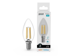 Лампа светодиодная Gauss Elementary Filament Свеча Е14 12W(750lm) 4100К 98х35 прозр, стекло, нитевид 32122