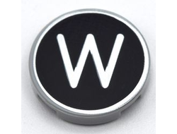 Tile, Round 2 x 2 with Bottom Stud Holder with Silver Capital Letter W on Black Background Pattern, Light Bluish Gray (14769pb444 / 6352976)
