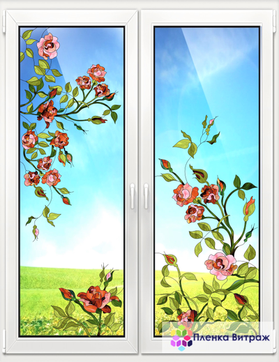 Витражная пленка, витражная пленка самоклеющаяся под заказ,пленочный витраж с красными розами