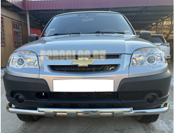 Защита переднего бампера двойная с перемычками с подгибами d53/42 для Chevrolet Niva 2010-