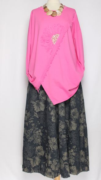 Джемпер Бохо хлопок "Цветок пайетки" фуксия, голубой до р.54