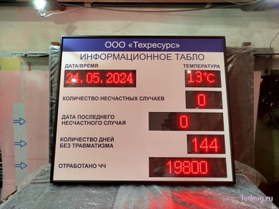Электронное табло число дней без травм, несчастных случаев / отработано ЧЧ время, t 1300-1520