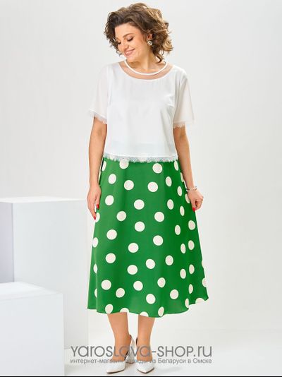 Модель: 1-2544.Женское платье ярко-зеленой юбкой в белый горох