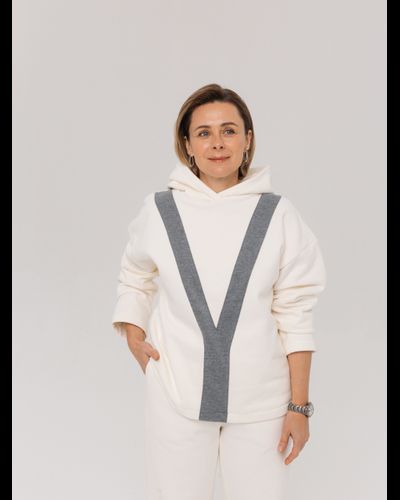 Худи из велюрового футера с декоративной вставкой (белоснежный)