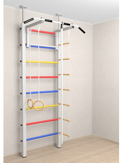 Шведская стенка враспор с регулируемым турником и детскими навесными элементами