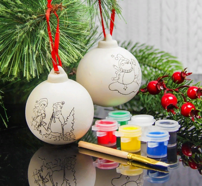 Набор новогодних шаров под раскраску 2 шт + краска 6 цв по 2 мл, кисть
