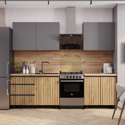 Кухня Шерлок 2,0м (лдсп) (1200, 800) (Графит/Крафт), Столешница кусочками 1200; 800 мм, толщина 38 мм, цвет дуб кера