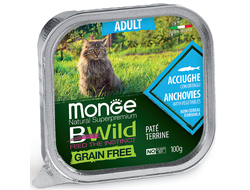 Влажный корм Monge Cat BWild GRAIN FREE для взрослых кошек, беззерновой, из анчоусов с овощами, консервы 100 г
