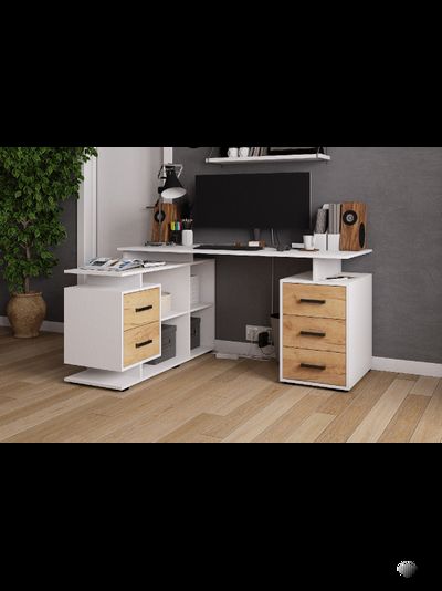 СКМУ-3 компьютерный стол угловой Белый с тиснением/Дуб Крафт Золотой