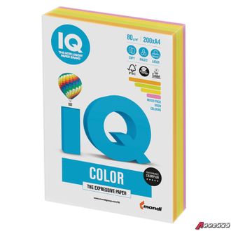 Бумага цветная IQ color, А4, 80 г/м2, 200 л., (4 цвета x 50 листов), микс неон, RB04. 110690