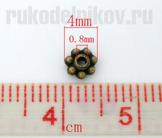 бусина разделитель металлическая "Снежинка", цвет-античная бронза, 4 мм, 40 шт/уп