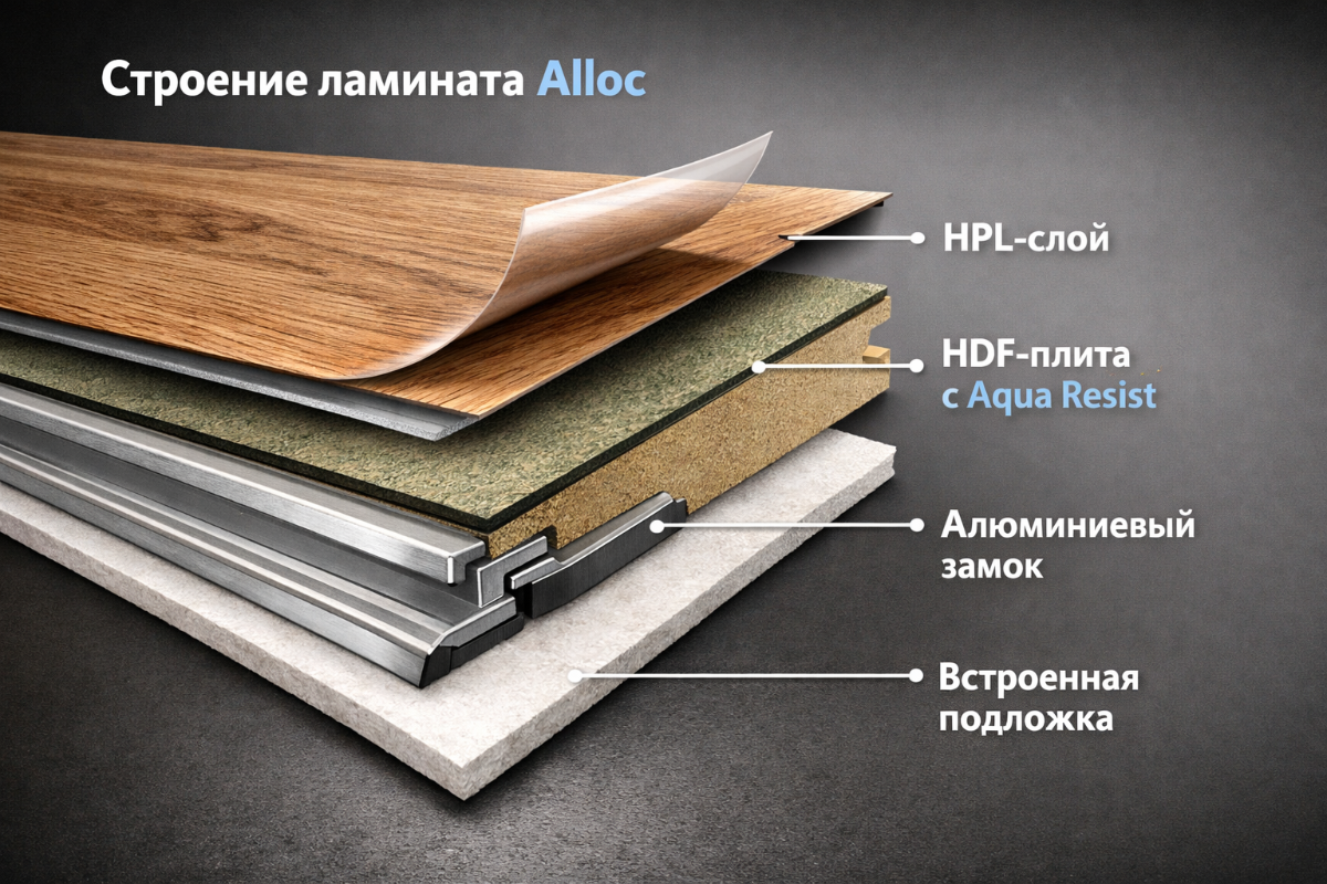 Строение ламината Alloc: HPL-слой, HDF-плита с Aqua Resist, алюминиевый замок и встроенная подложка