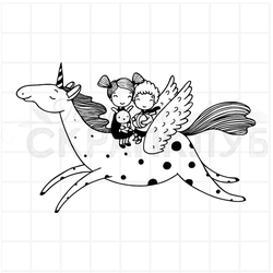 штамп дети на летающем единороге