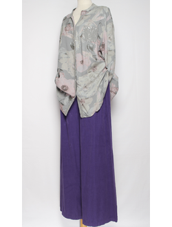 РУБАШКА БОХО "Карман планка пайетки" цветы серая, коралл, бежевая до р.52