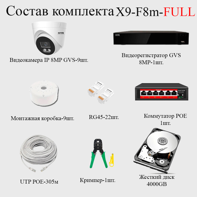 GVS комплект видеонаблюдения GVS-X9-F8m-full, 8MP, расширение 3840x2160