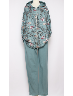 КОСТЮМ ХУДИ И БРЮКИ "МОЛНИЯ цветок ВЬЮН" морская волна до 56р.