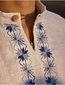 Русская льняная рубаха "Звёзды Рода (сине-голубые)", 44-60
