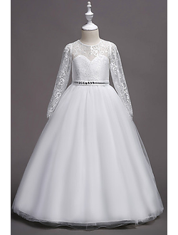 Бальное нарядное платье для девочек пышное с длиным рукавом кружевом белое гипюр шифон атлас