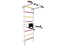 Шведская стенка белая с цветными ступенями (несъемный турник, брусья-пресс)