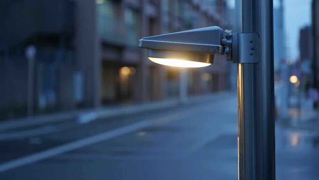 Современный консольный уличный светильник на опоре вечером, ровное освещение проезжей части.