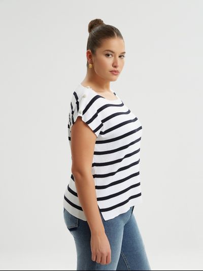 Топ летний вязанный белый в тёмно-синюю полоску