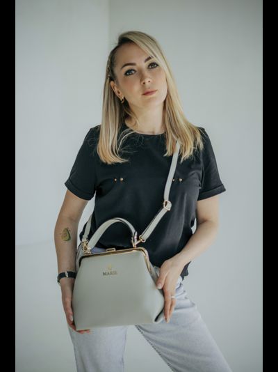 Женская кросс боди сумка с фермуаром M&amp;Marie натуральная кожа Vera Pelle светло-серая