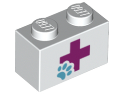 Brick 1 x 2 with Magenta Cross and Animal Paw Pattern, White (3004pb126 / 6101032)