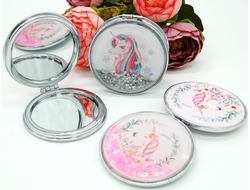 Зеркальце карманное двойное с блестками (ТИП: Бабочки, Единорог)