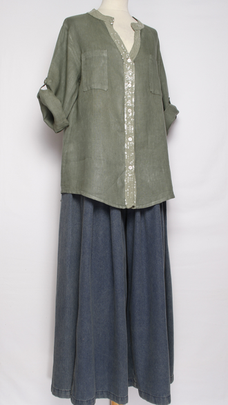 РУБАШКА ЛЁН "КРУЖЕВО НА СПИНЕ"  хаки, бежевая р.46-52