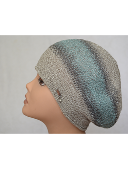 Серый берет женский вязаный Vizio Италия 6607 с мятной полосой фото