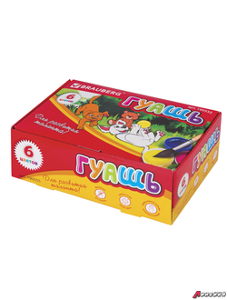 Гуашь BRAUBERG, 6 цветов по 20 мл, без кисти, картонная упаковка. 190555