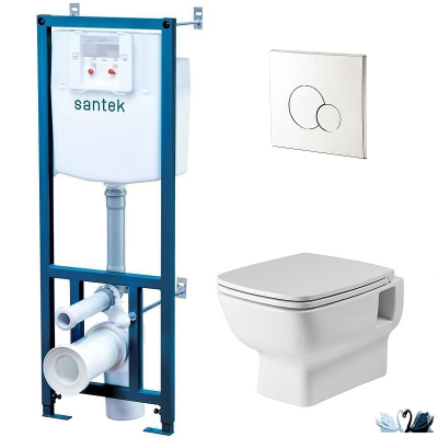 Комплект ПЭК Santek Нео rimless 1.WH50.1.572. Инсталляция с кнопкой (хром, глянец) и подвесной безободковый унитаз с сиденьем микролифт