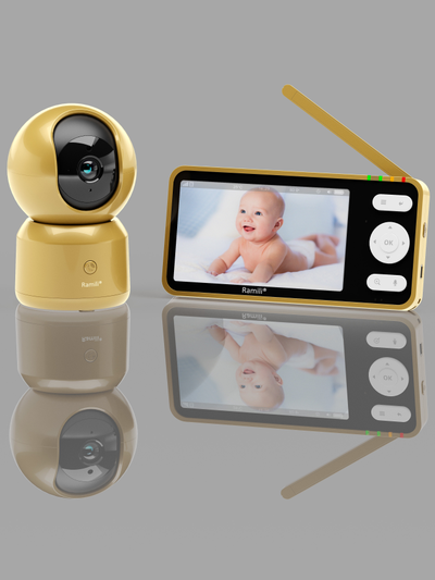 Wi-Fi видеоняня Ramili Baby RV1500GOLD с повышенной дальностью (монитор-камера до 300 м), монитор 5" и 1 поворотная видеокамера, просмотр через мобильные устройства по сервису р2р, DVR, Full HD 2 Mp