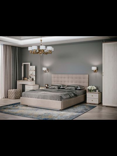 Кровать двойная №2 1,6*2,0 Белый/Бежевый ткань/Квадро Бежевый ткань (без основания)